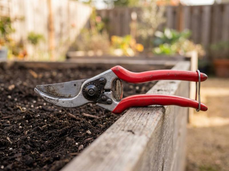 A red-handled hand pruner by a raised bed.