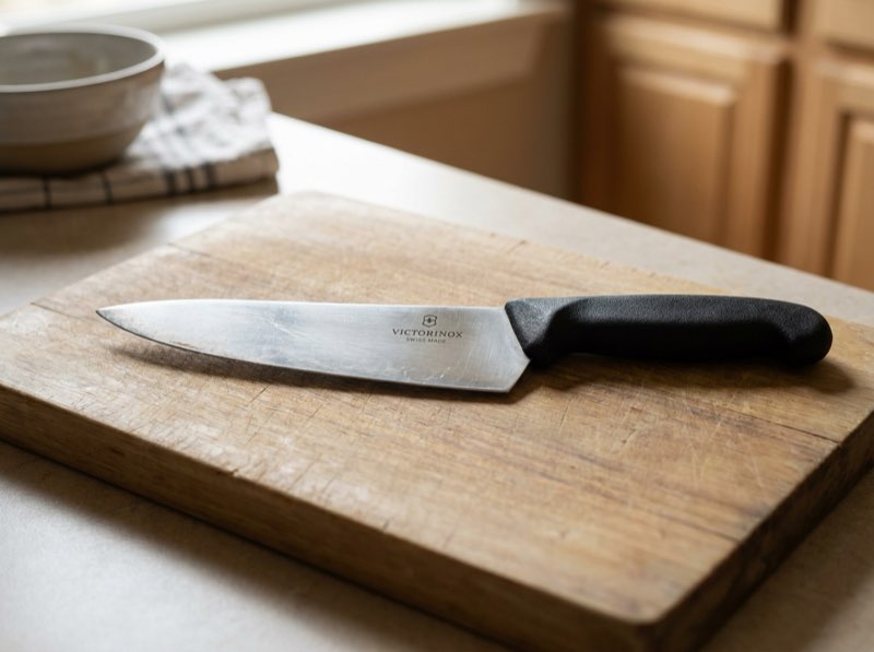 A stainless chef's knife with a black handle on a cutting board.